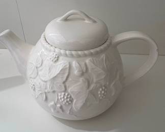 White Ceramic Teapot with Embossed Grapevine Design Davenport