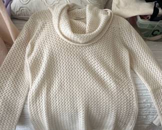 Neiman Marcus Cashmere Collection Cream Waffle Knit Cowl Neck Sweater