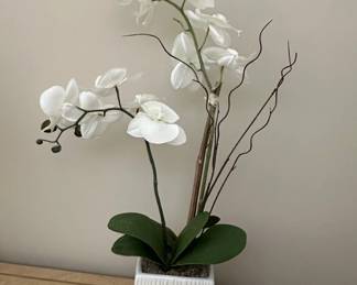 Artificial White Orchid Arrangement in White Ribbed Planter