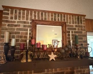 Western wood mirror, various candle holders, Brass Eagle Head Bookends