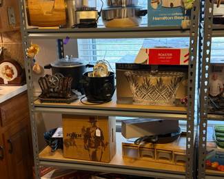 John Wayne Dutch Oven (new in box) Jim Beam cast iron skillets, Large roaster, Dublin Crystal Champagne Chiller Bowl, 