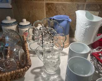 Milk glass, deviled egg plate, pitchers, ramekins, 90’s 🩷 canister set