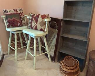 Barstools, western accessories, mirror, wine-crate shelving unit, baskets