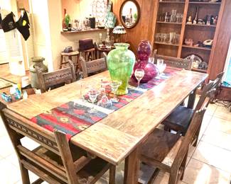 Rustic Dining Table with 6 chairs, Vases