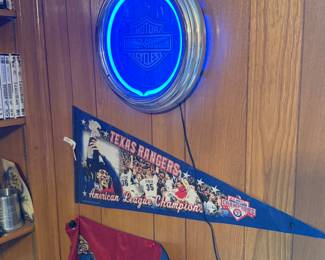 Harley Davidson Essential Bar and Shield Blue Neon Clock, Texas Rangers League Champion pendant