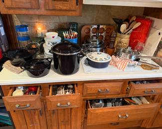 Stock pot, Corningware casserole dishes, wooden spoons, new muffin bakeware
