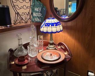 Bar table, wine racks, bar ephemera