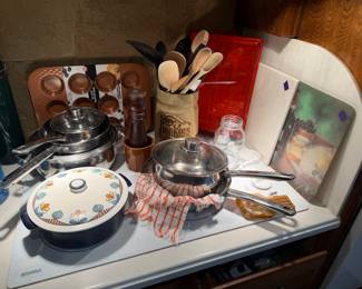Flame Chef Japan stoneware casserole dish, stainless steel pots and pans, Pfaltzgraff Village "Cookies" canister jar, 