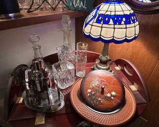 Stained glass Dallas Cowboys lamp, vintage Asian snack tray, bareware, decanters