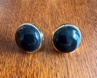 Vintage Trifari Black Cabochon and Gold Tone ClipOn Earrings