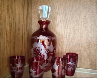 Egermann Ruby Red Cut to Clear Decanter and Cordial Glasses Set with Stag and Foliage Etching second image
