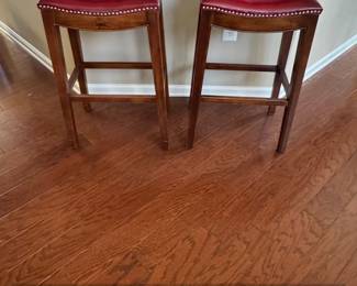 Set of Red Leather Upholstered Wooden Bar Stools