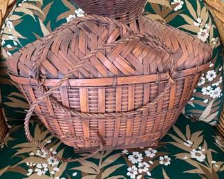 Vintage Woven Bamboo Fishing Basket with Lid