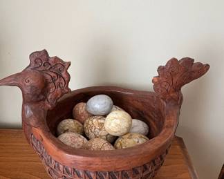 Carved Wooden Hen on Nest Basket with Decorative Eggs