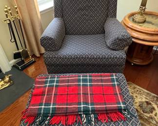 Wingback Armchair and Ottoman Set with Plaid Throw