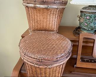 Vintage Akha Thai Woven Bamboo Baskets with Lids