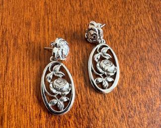 Sterling Silver Rose Oval Dangle Earrings by Avon