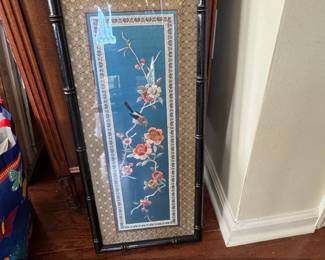 Framed Vintage Chinese Silk Embroidery Panel with Bird and Flowers