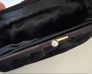 Vintage Black Satin Pleated Kiss Clasp Evening Bag with Rhinestone Accent second image