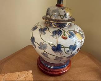 Vintage HandPainted Ceramic Ginger Jar Table Lamp with Floral and Bird Motif third image