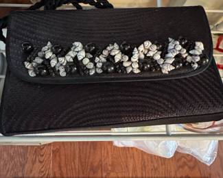 Vintage Woven Raffia Handbag with Seashell and Black Bead Embellishment