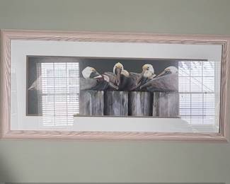 Signed Pelicans on Piling Art Print by Art LaMay