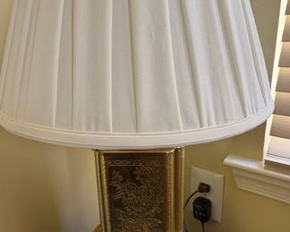 Vintage Brass Chinoiserie Table Lamp with Floral Embossing and Pleated Shade