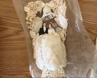 Vintage Wedding Cake Topper with Bride and Groom Figurines and Floral Arch