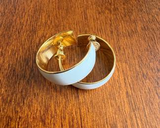 Monet Gold Tone White Enamel Hoop Earrings