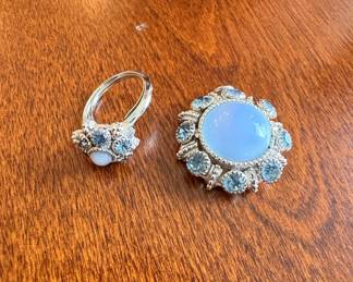 Vintage Avon Moon Magic Brooch and Ring Set with Blue Cabochons and Rhinestones