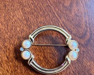 Signed Monet Gold Tone Faux Pearl and Crystal Brooch