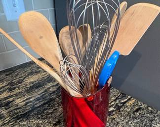 Kitchen Utensil Set with Red Holder and Blue Gadget