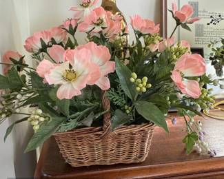 Artificial Pink Peony and Cosmos Floral Arrangement in Wicker Basket