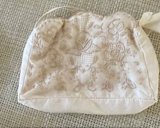 Vintage Embroidered Silk Drawstring Evening Bag with Cutwork