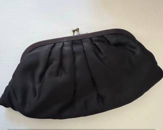 Vintage Black Satin Pleated Kiss Clasp Evening Bag with Rhinestone Accent