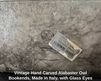 Vintage Hand Carved Alabaster Owl Bookends, Made in Italy, with Glass Eyes fourth image