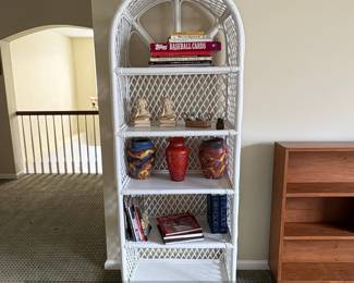 Vintage White Wicker Rattan Arch Top Bookshelf