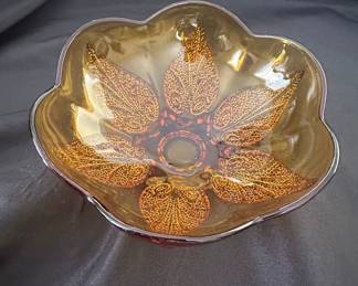 Indiana Glass Amber Leaf Pattern Candy Dish