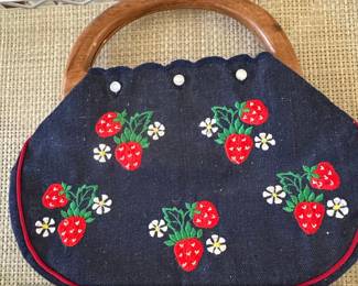 Vintage Embroidered Denim Handbag with Wooden Handle and Strawberry Motif
