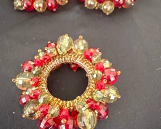 Vintage Beaded Wreath Brooch Red and Aurora Borealis Crystals