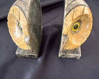 Vintage Hand Carved Alabaster Owl Bookends, Made in Italy, with Glass Eyes