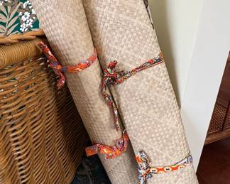 Set of Woven Natural Fiber Mats with Decorative Fabric Trim and Ties