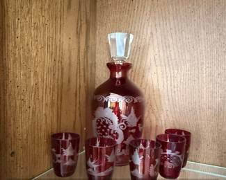 Egermann Ruby Red Cut to Clear Decanter and Cordial Glasses Set with Stag and Foliage Etching