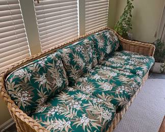 Vintage Rattan Sofa with Tropical Floral Upholstery by Braxton Culler