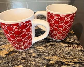 Vintage Wchtersbach Red White Geometric Pattern Ceramic Mugs Set of 2