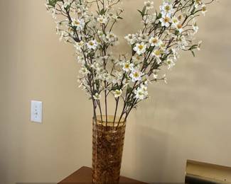 Amber Glass Cylinder Vase with White Cherry Blossoms