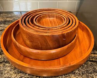 Set of Nesting Teak Wood Salad Bowls with Platter