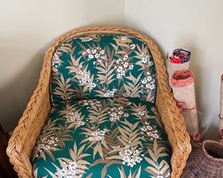 Vintage Rattan Armchair with Tropical Floral Upholstery