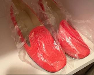 Coral Suede Loafers with Embroidered Swirl Detail