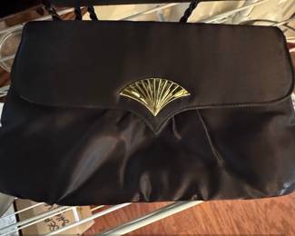 Vintage Black Satin Evening Clutch with Gold Fan Clasp